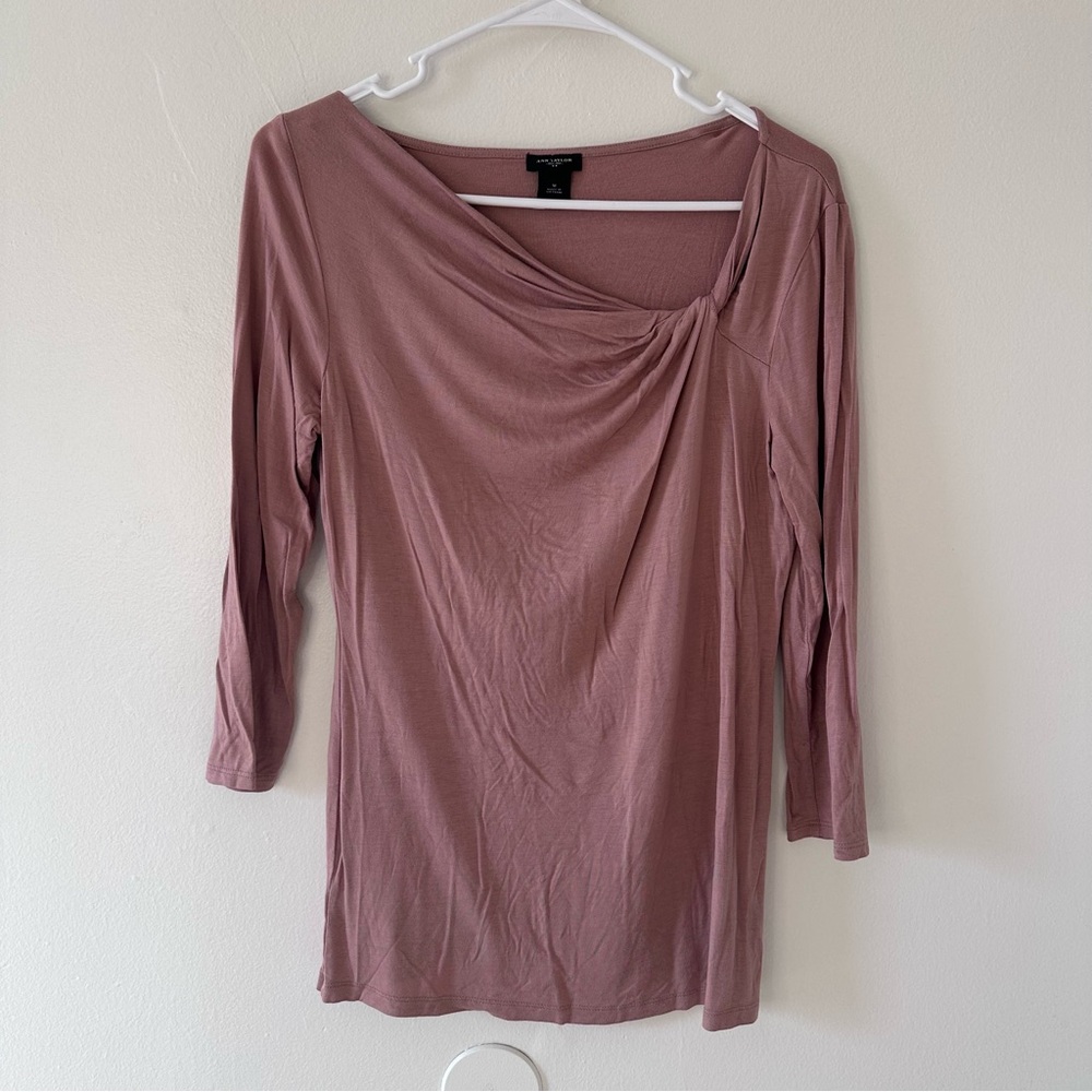 Ann Taylor Mauve Long Sleeve Women's Top Asymmetrical Draped Neckline Sz M